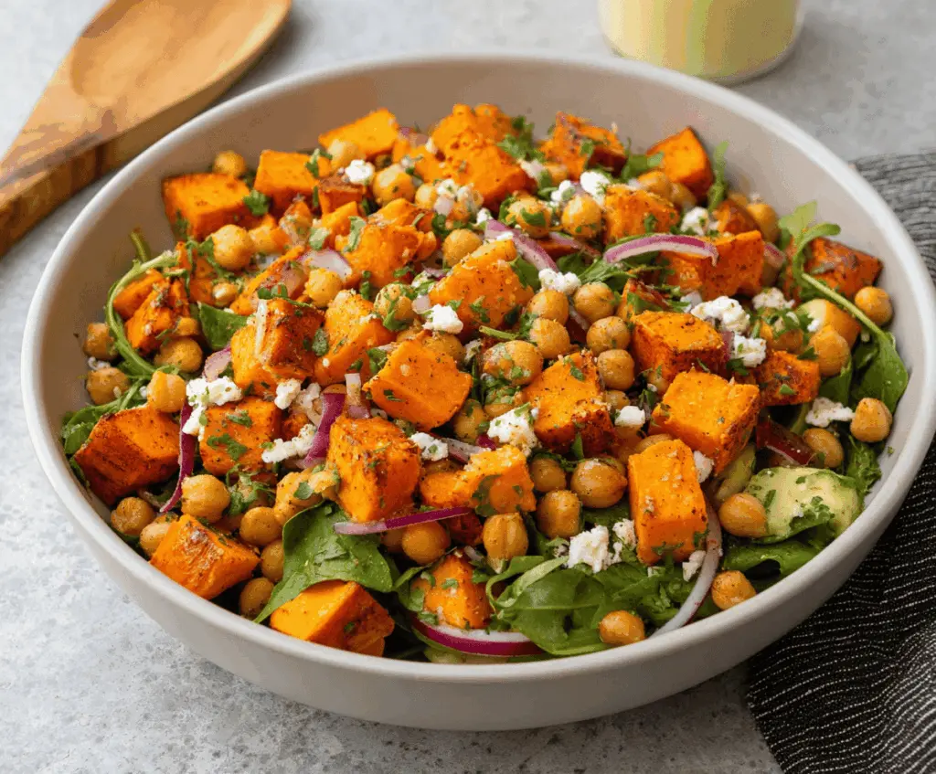 Colorful sweet potato chickpea salad featuring roasted sweet potatoes, creamy chickpeas, fresh greens, and a tangy dressing, perfect for a nutritious vegan meal.