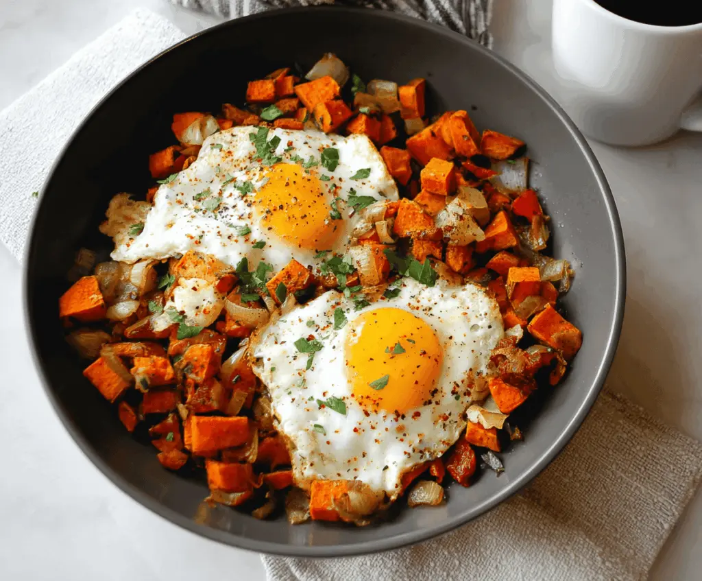 Delicious sweet potato hash topped with perfectly cooked eggs, garnished with herbs, ready for breakfast or brunch.