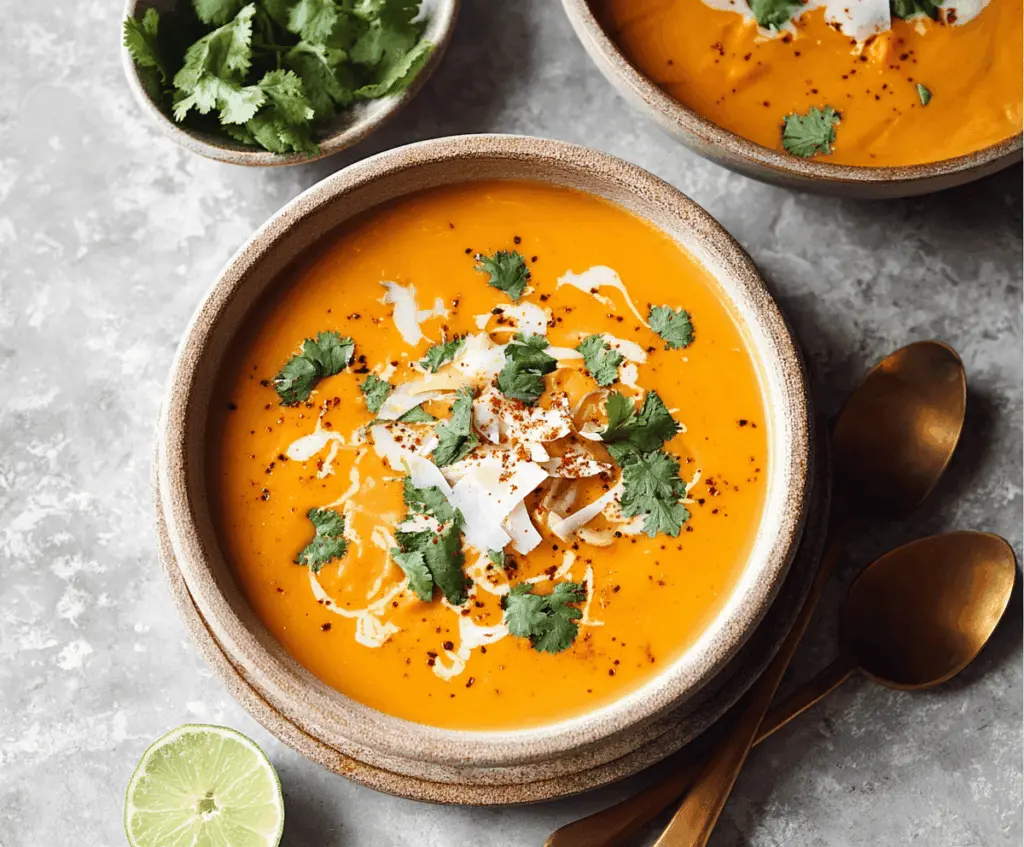 Creamy sweet potato soup garnished with coconut milk and fresh herbs in a bowl, perfect for a cozy meal