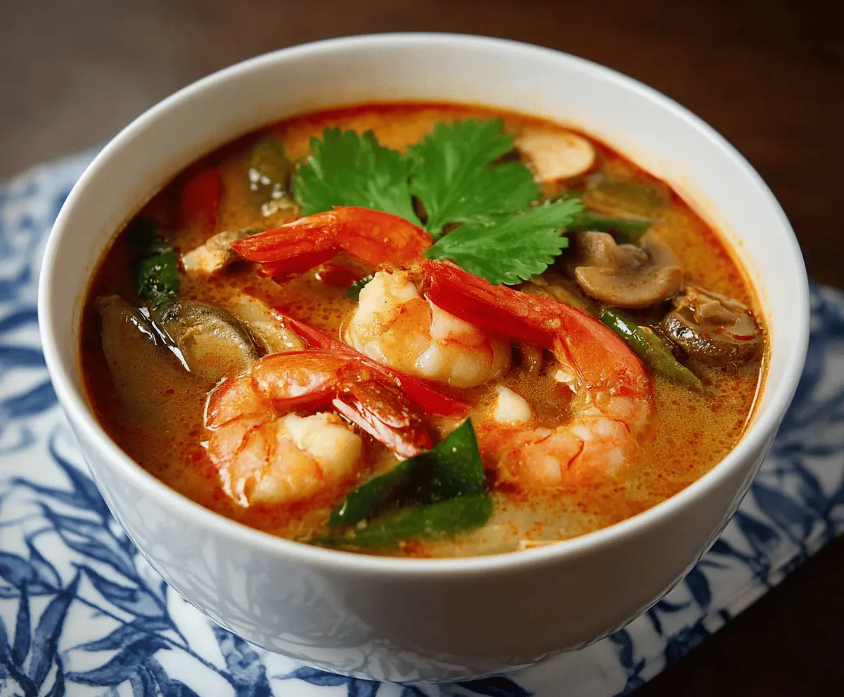 Spicy and tangy Thai Tom Yum Soup with shrimp, mushrooms, lemongrass, chili peppers, and fresh herbs served in a bowl