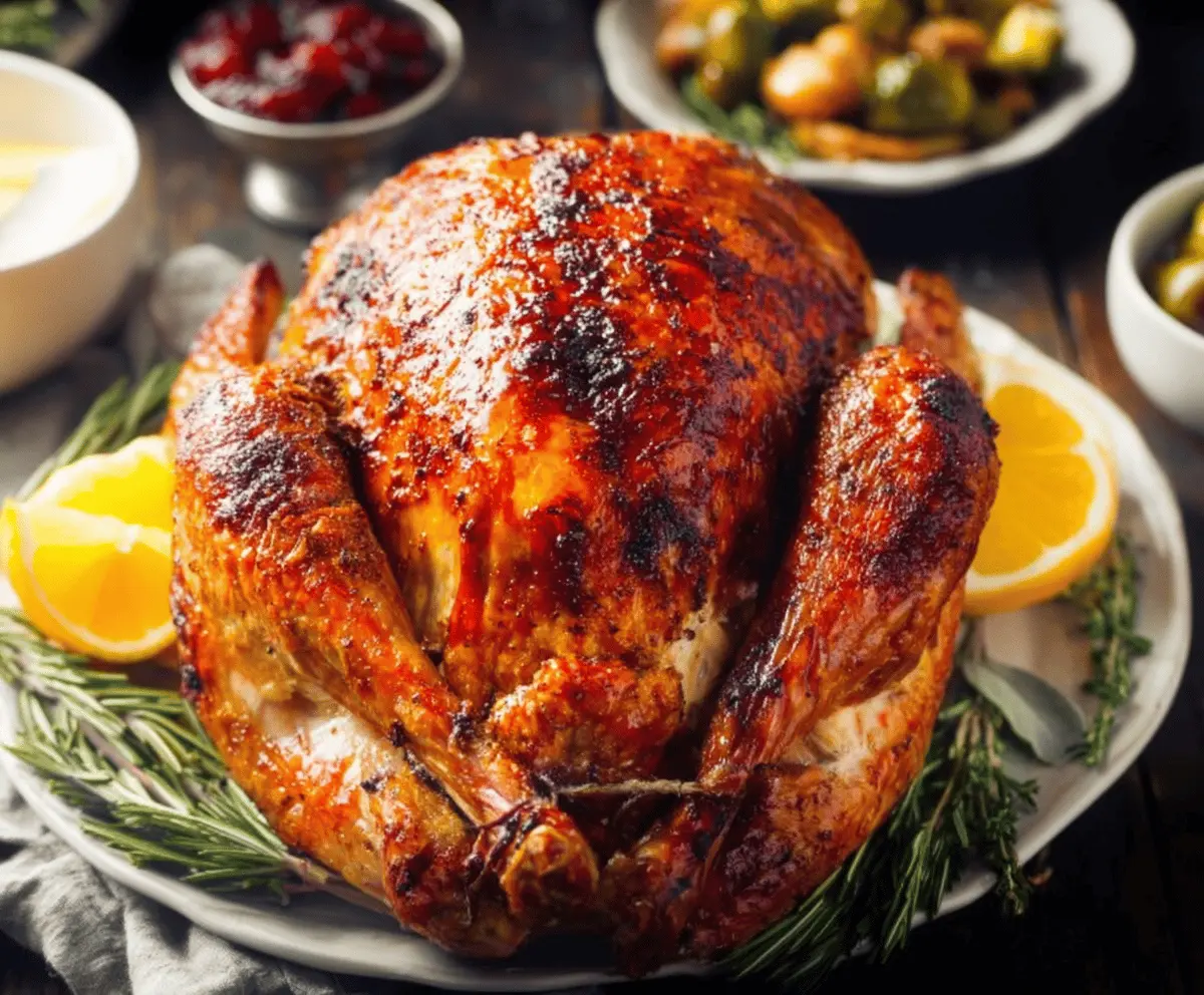 Juicy roasted Thanksgiving turkey garnished with herbs and served on a festive platter.