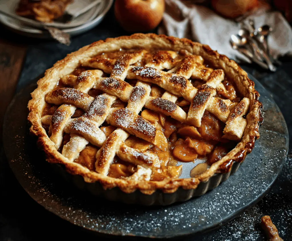Delicious homemade toffee apple pie topped with caramelized apples and golden crust, perfect for dessert or a cozy treat