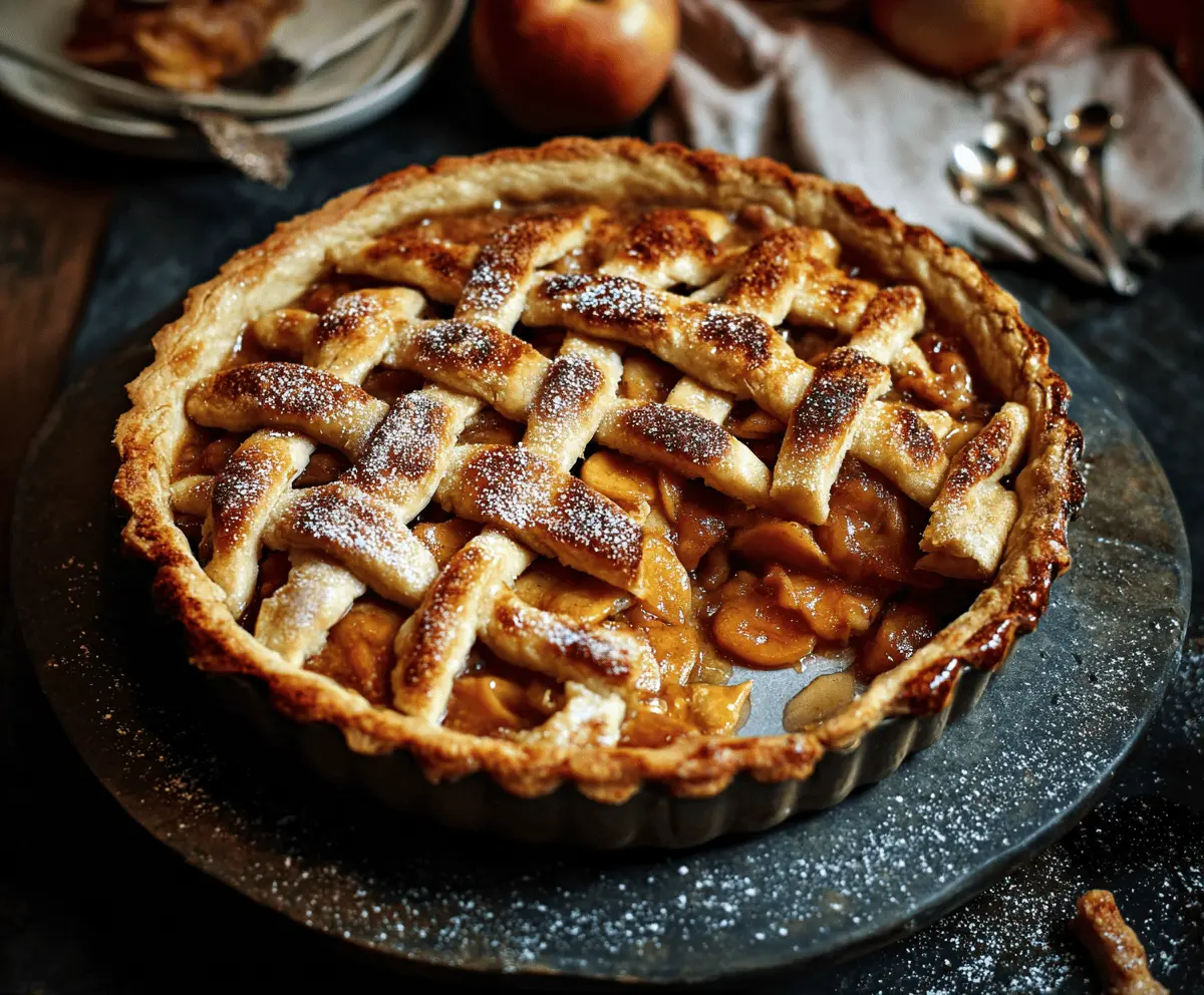 Delicious homemade toffee apple pie topped with caramelized apples and golden crust, perfect for dessert or a cozy treat