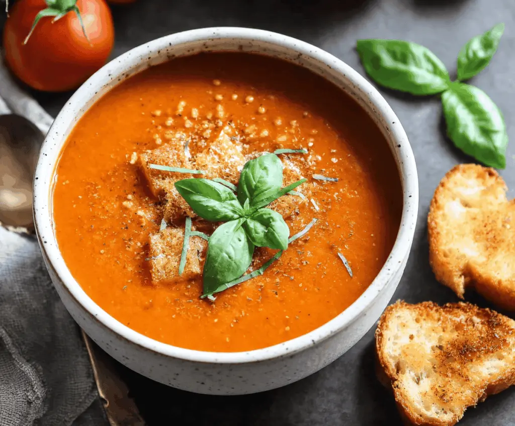 Creamy tomato basil soup garnished with fresh basil leaves in a bowl on a rustic wooden table