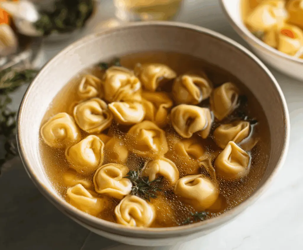 A bowl of delicious tortellini en brodo featuring tender pasta-filled tortellini in a clear flavorful broth, garnished with fresh herbs.