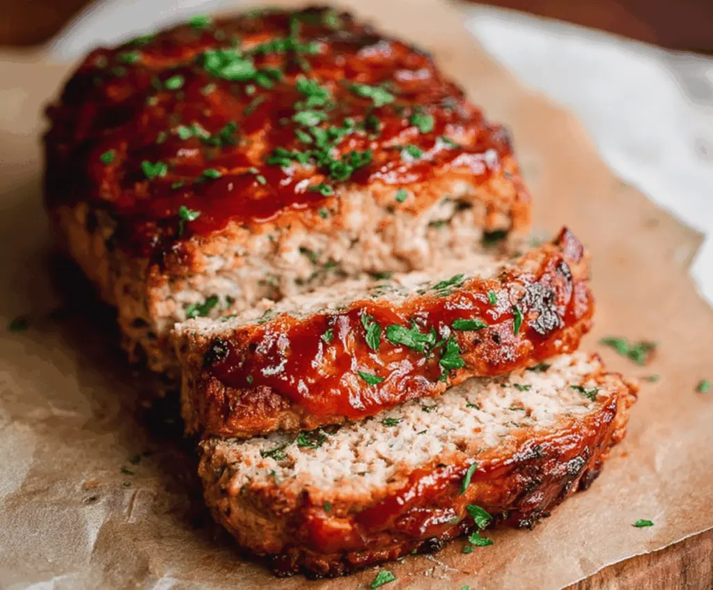 Juicy turkey meatloaf topped with ketchup, served with roasted vegetables on a white plate