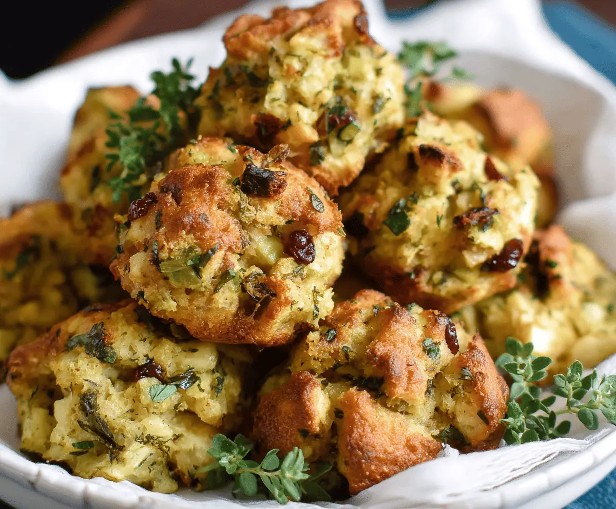 Delicious homemade turkey stuffing balls with golden crust and savory filling, perfect for holiday celebrations.