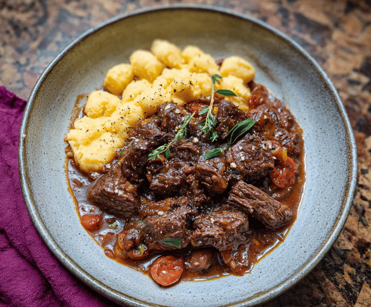 Hearty Tuscan Beef Stew with tender beef chunks, vegetables, and herbs served in a rustic bowl