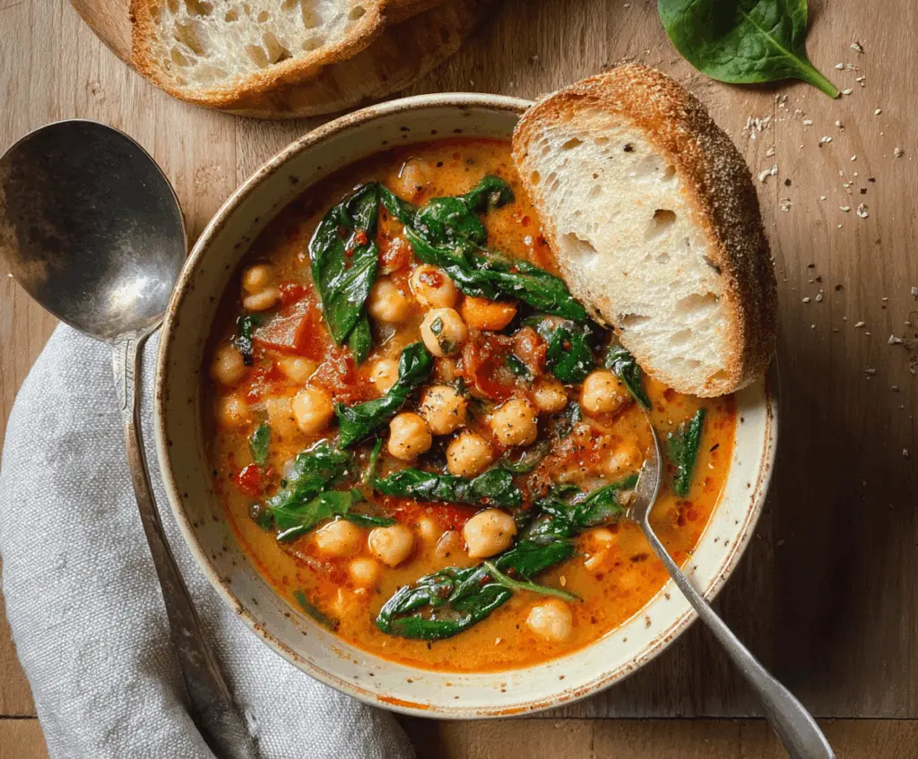 Creamy Tuscan Chickpea Soup with fresh herbs, vegetables, and a drizzle of olive oil in a rustic bowl