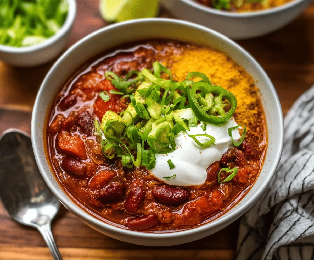 A delicious bowl of vegan chili topped with fresh herbs and served with crusty bread, showcasing a hearty and plant-based meal.