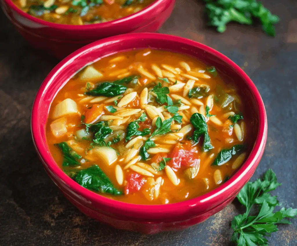 Hearty vegetable orzo soup in a bowl with fresh herbs and colorful vegetables, perfect for a comforting and nutritious meal.