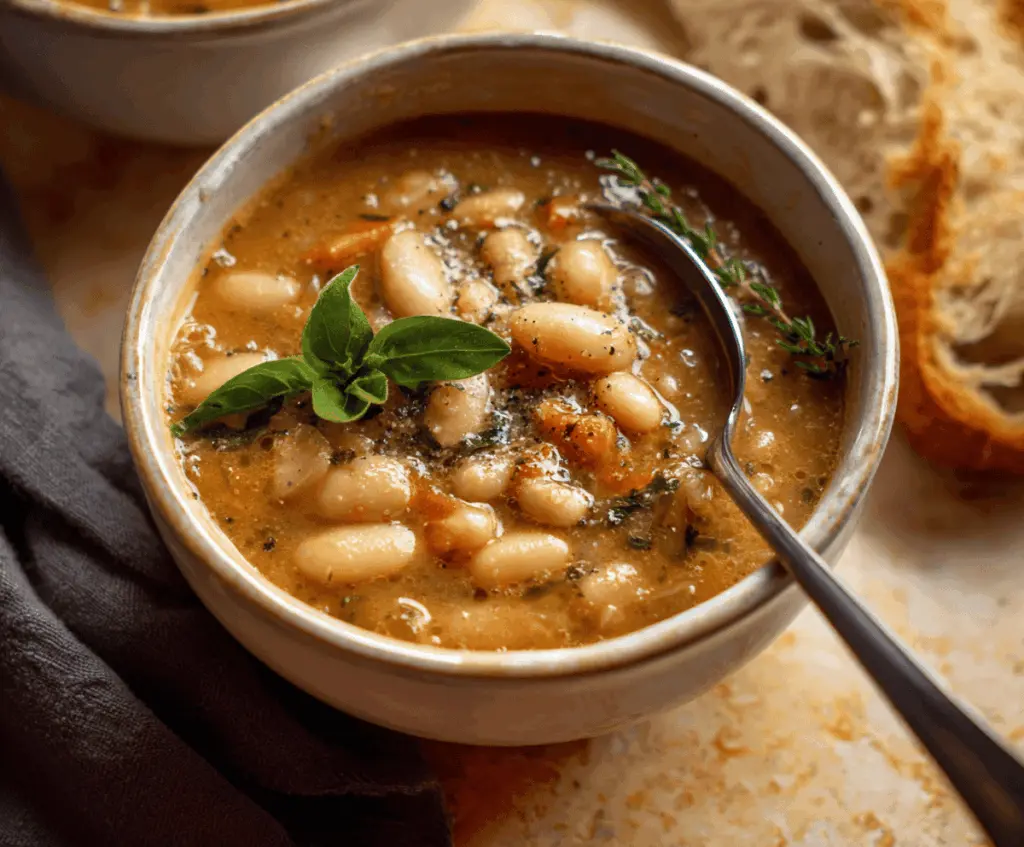 Creamy white bean soup garnished with fresh herbs in a rustic bowl, served with crusty bread on a wooden table.