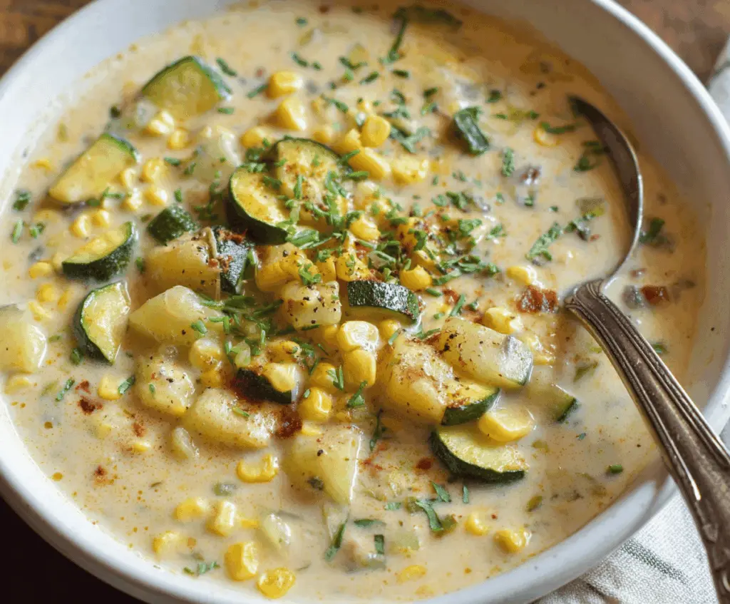 Creamy zucchini and corn chowder topped with fresh herbs in a bowl, perfect for a comforting and healthy meal.