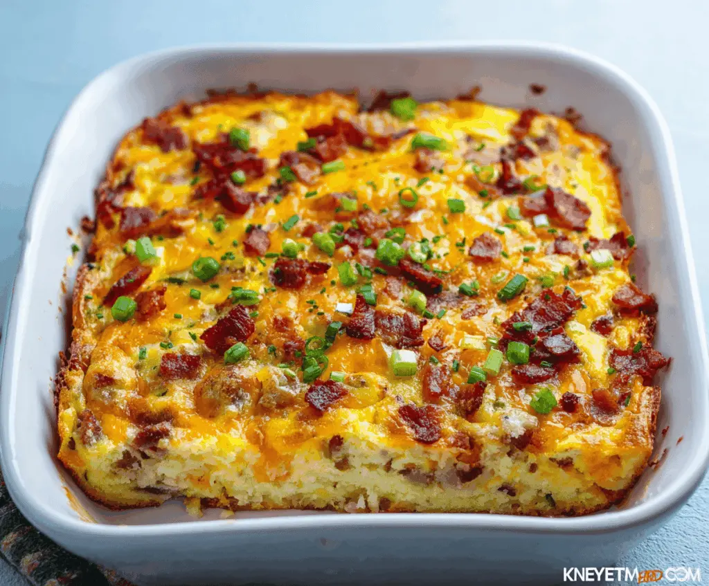 Delicious Amish Breakfast Casserole with eggs, cheese, ham, and potatoes served in a baking dish.