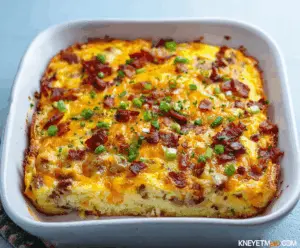 Delicious Amish Breakfast Casserole with eggs, cheese, ham, and potatoes served in a baking dish.