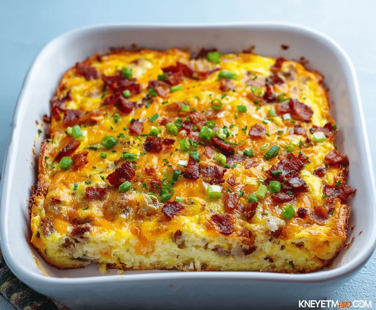 Delicious Amish Breakfast Casserole with eggs, cheese, ham, and potatoes served in a baking dish.