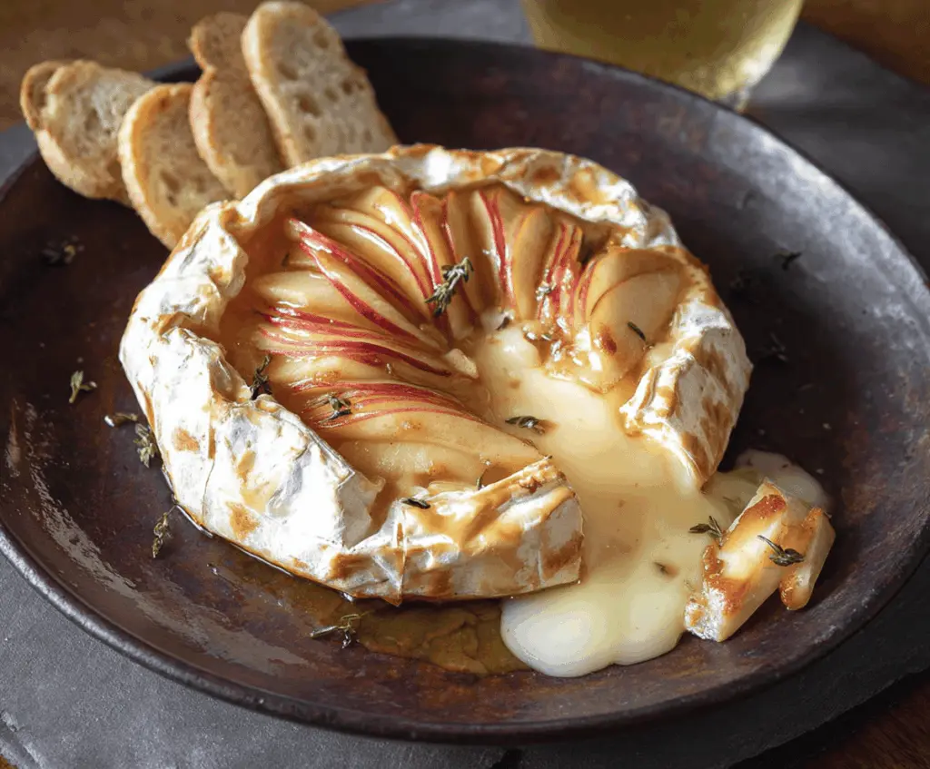 Delicious apple Brie appetizer with fresh apple slices and creamy Brie cheese on a wooden platter.