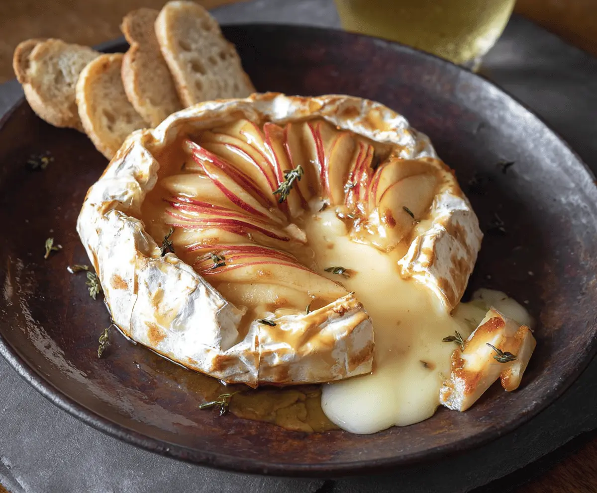 Delicious apple Brie appetizer with fresh apple slices and creamy Brie cheese on a wooden platter.