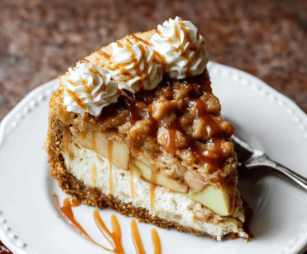 Delicious homemade apple pie cheesecake with a golden crust and apple slices on top