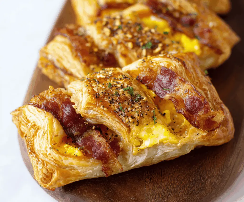 Delicious bacon, egg, and cheese puff pastry breakfast with crispy bacon and melted cheese.