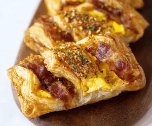 Delicious bacon, egg, and cheese puff pastry breakfast with crispy bacon and melted cheese.