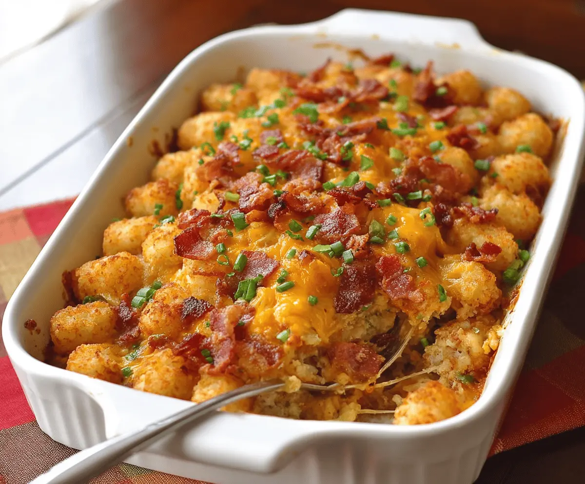 Delicious Bacon, Egg, and Tater Tot Casserole served in a baking dish, perfect for breakfast or brunch.