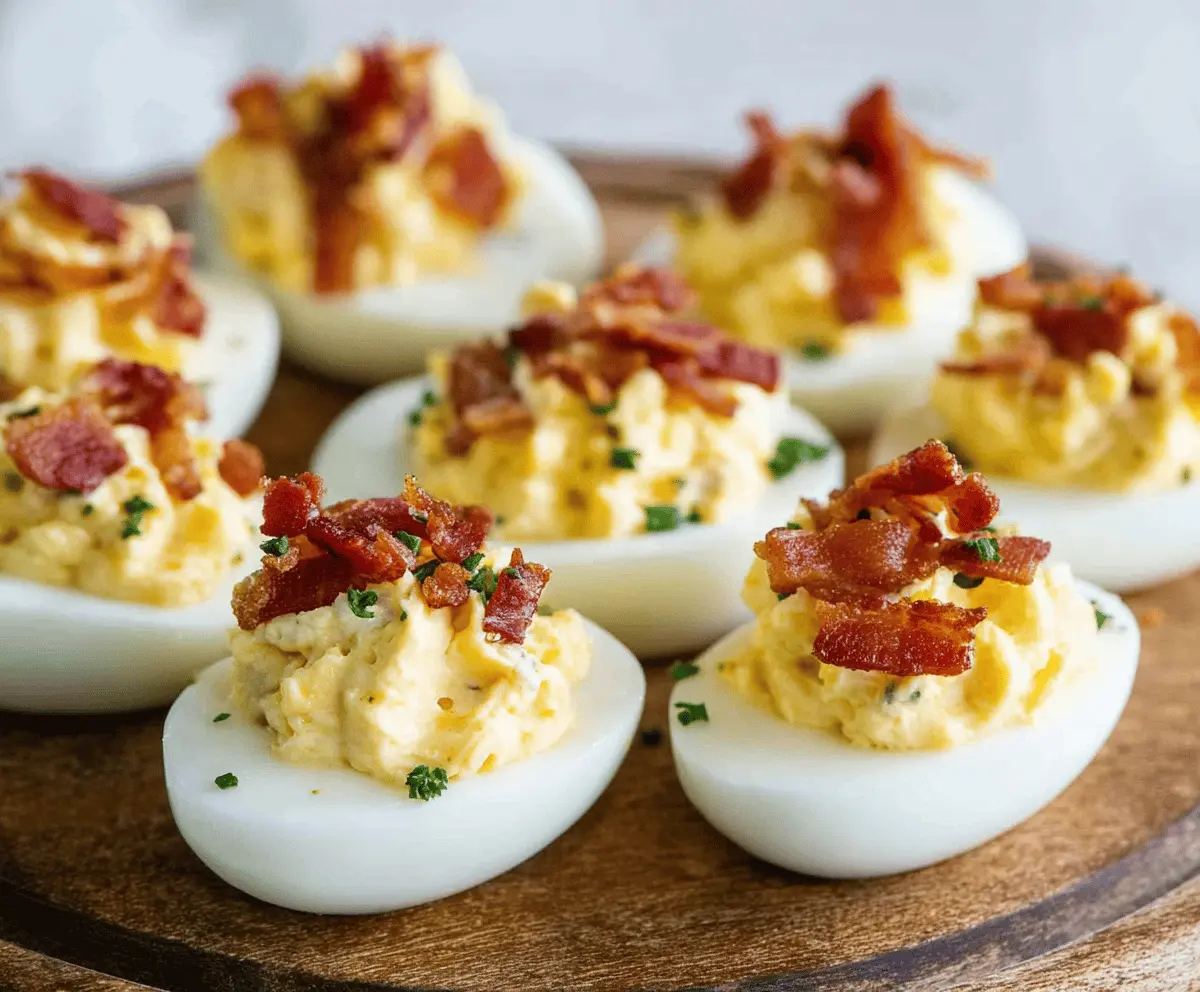 Creamy bacon ranch deviled eggs garnished with chives on a serving platter.