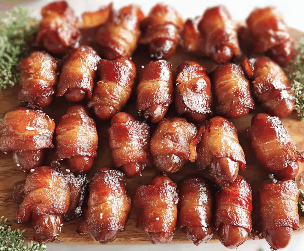 Delicious bacon-wrapped little smokies served on a plate, perfect appetizer for parties.