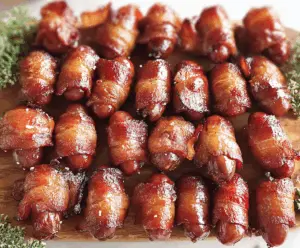 Delicious bacon-wrapped little smokies served on a plate, perfect appetizer for parties.
