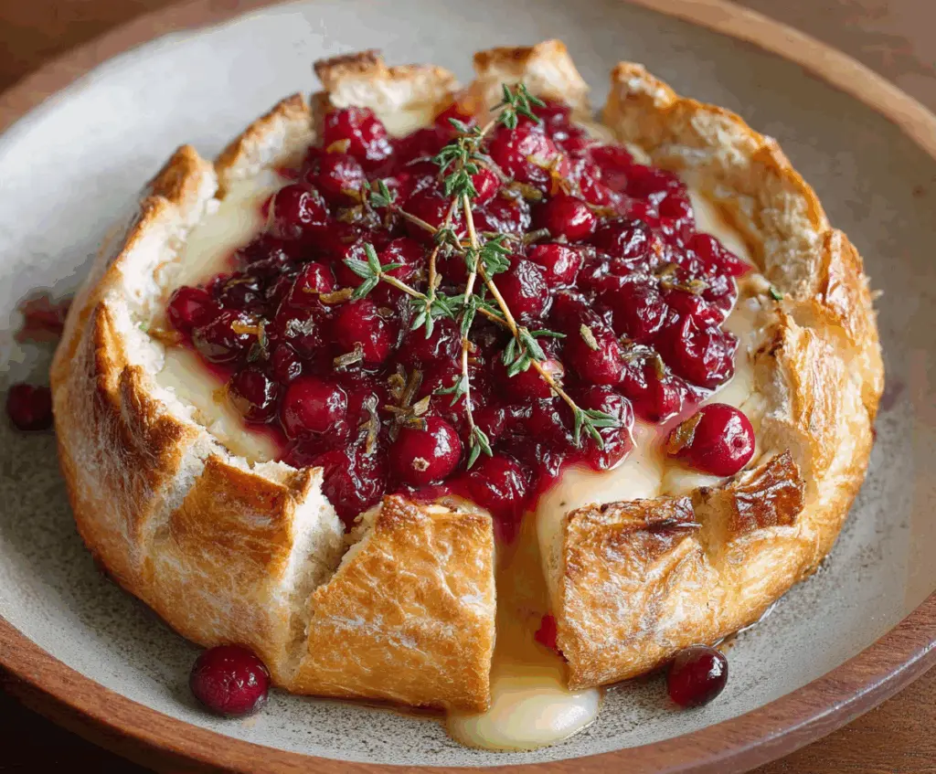 Delicious baked Brie cheese topped with fresh cranberries and herbs, perfect for holiday appetizers.