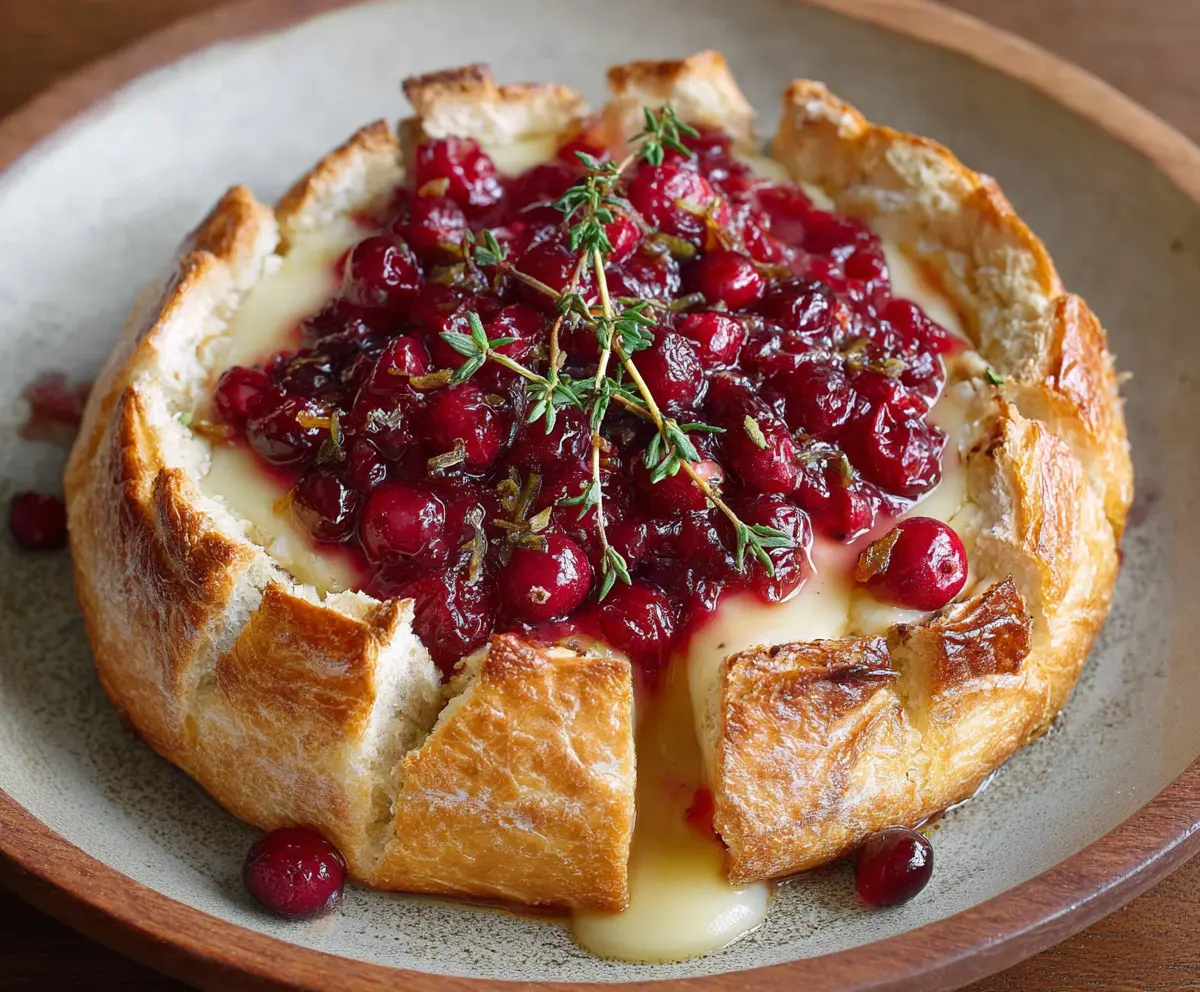 Delicious baked Brie cheese topped with fresh cranberries and herbs, perfect for holiday appetizers.