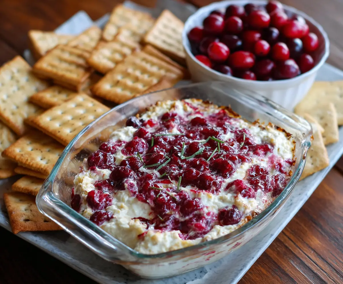 Delicious baked cranberry cream cheese dip served with fresh crackers for a festive appetizer.
