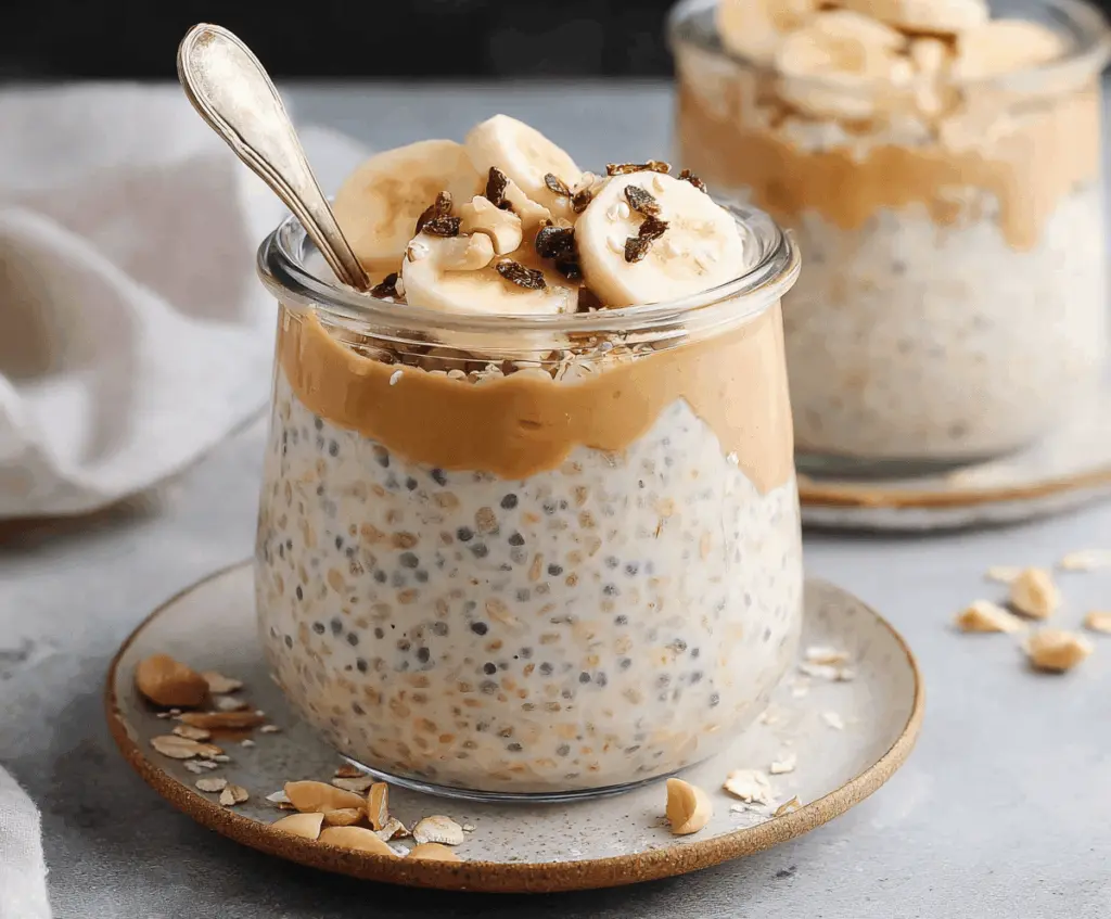 Creamy banana peanut butter overnight oats in a glass jar for healthy breakfast