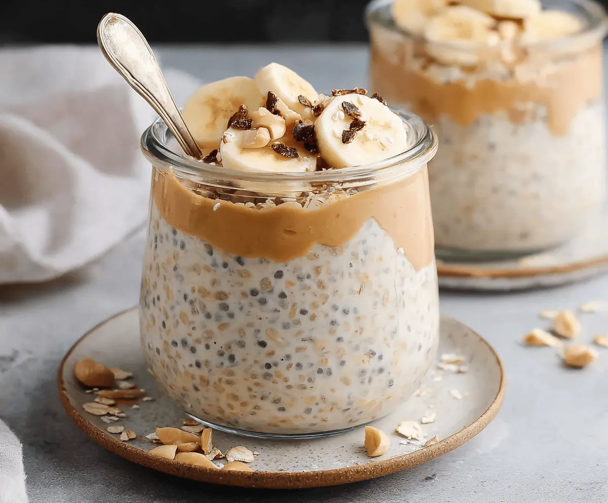 Creamy banana peanut butter overnight oats in a glass jar for healthy breakfast