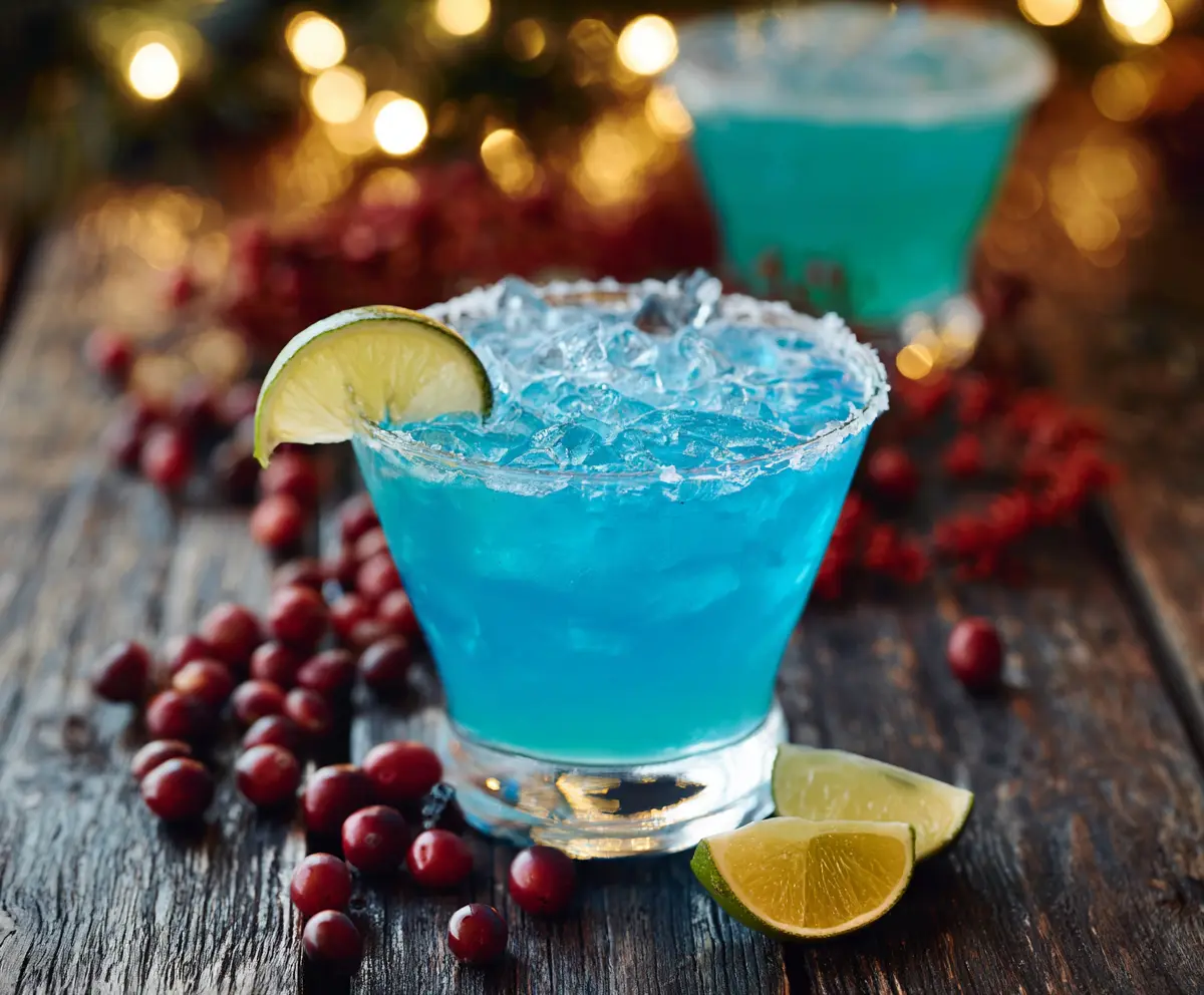 Vibrant Blue Christmas Cocktail garnished with a cherry and holiday straw in a festive glass.