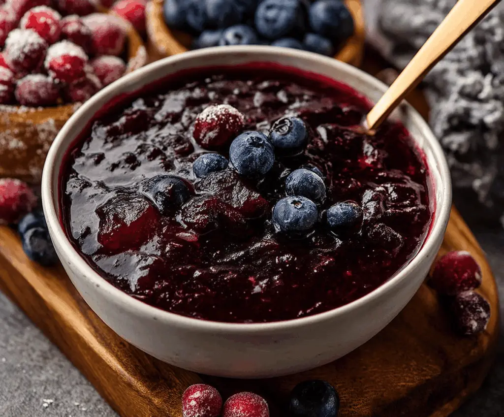 Homemade blueberry cranberry sauce in a glass bowl for holiday dessert or dinner