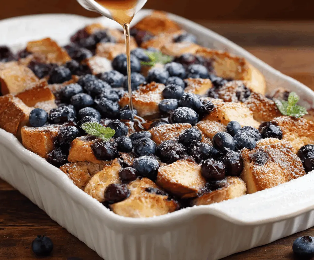 Delicious Blueberry French Toast Casserole topped with fresh blueberries on a baking dish.