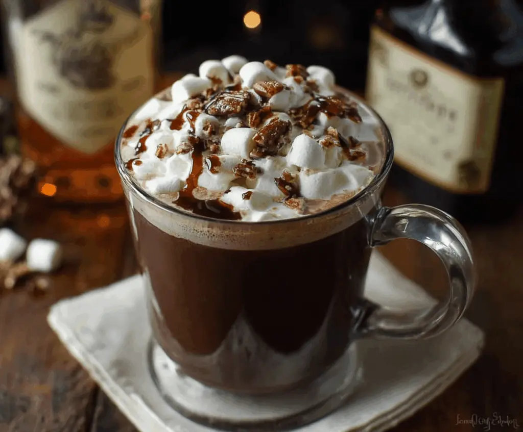 Warm Bourbon Spiked Hot Chocolate in a mug topped with whipped cream and chocolate shavings