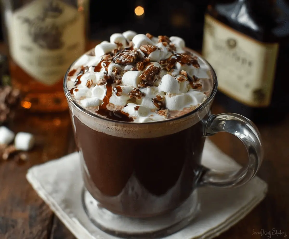 Warm Bourbon Spiked Hot Chocolate in a mug topped with whipped cream and chocolate shavings