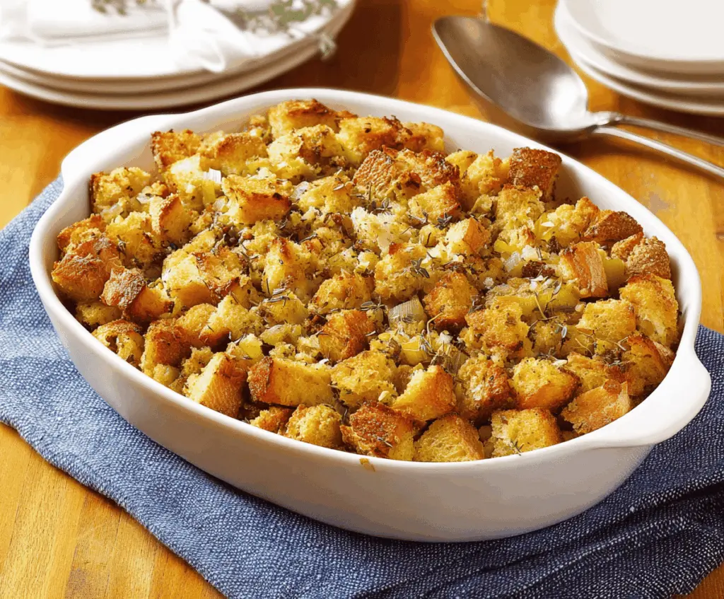 Delicious homemade bread stuffing with herbs and vegetables for holiday dinners