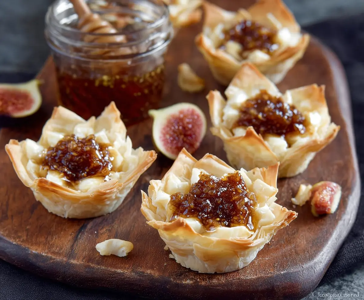 Delicious Brie and Fig Phyllo Cups served on a platter for appetizer or snack.