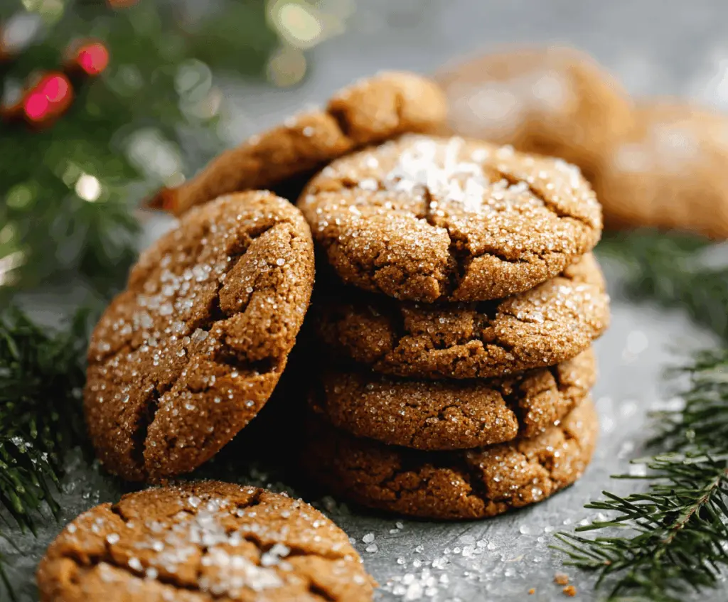 Golden brown butter gingerbread cookies decorated with festive icing on a holiday plate.