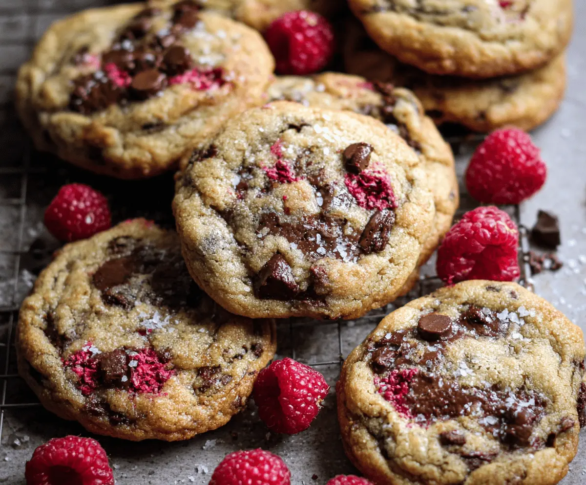Delicious brown butter raspberry chocolate chip cookies fresh out of the oven.