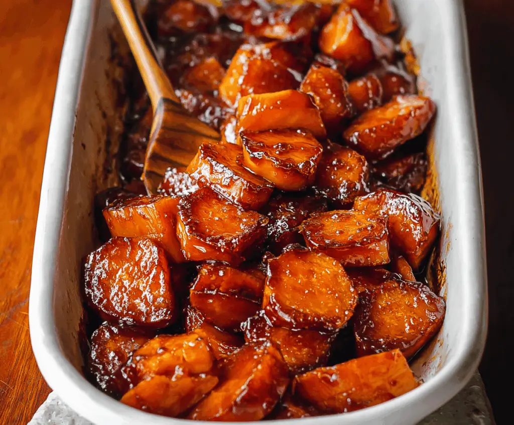 Delicious brown sugar candied yams served as a sweet side dish for dinner.