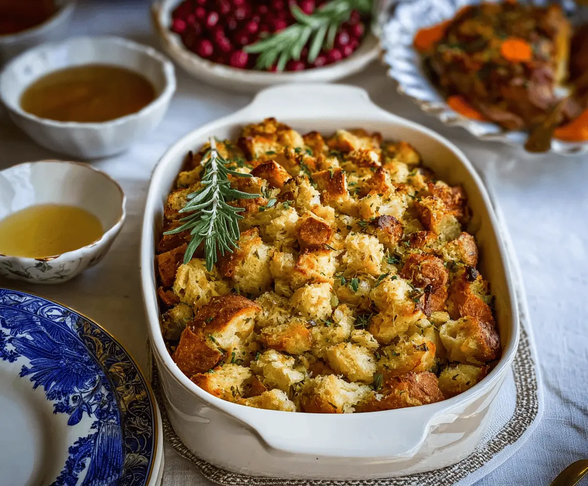 Delicious buttery Thanksgiving stuffing in a bowl, perfect for holiday dinner.