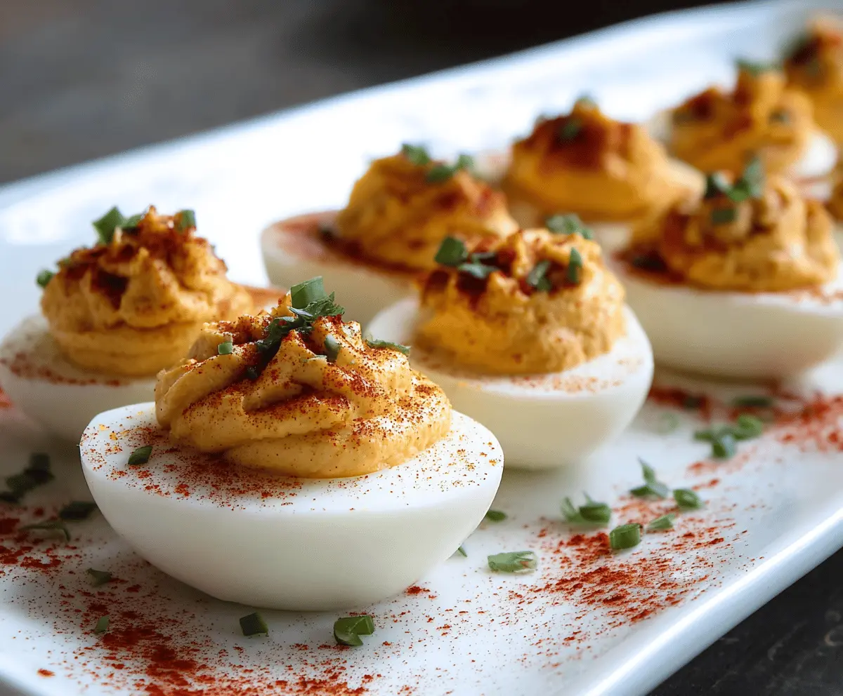 Delicious Cajun deviled eggs garnished with spicy Cajun seasoning and fresh herbs.