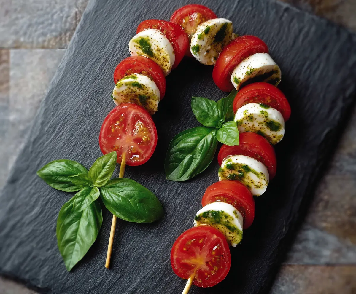 Festive Candy Cane Caprese Skewers with cherry tomatoes, mozzarella, and fresh basil for holiday appetizer.
