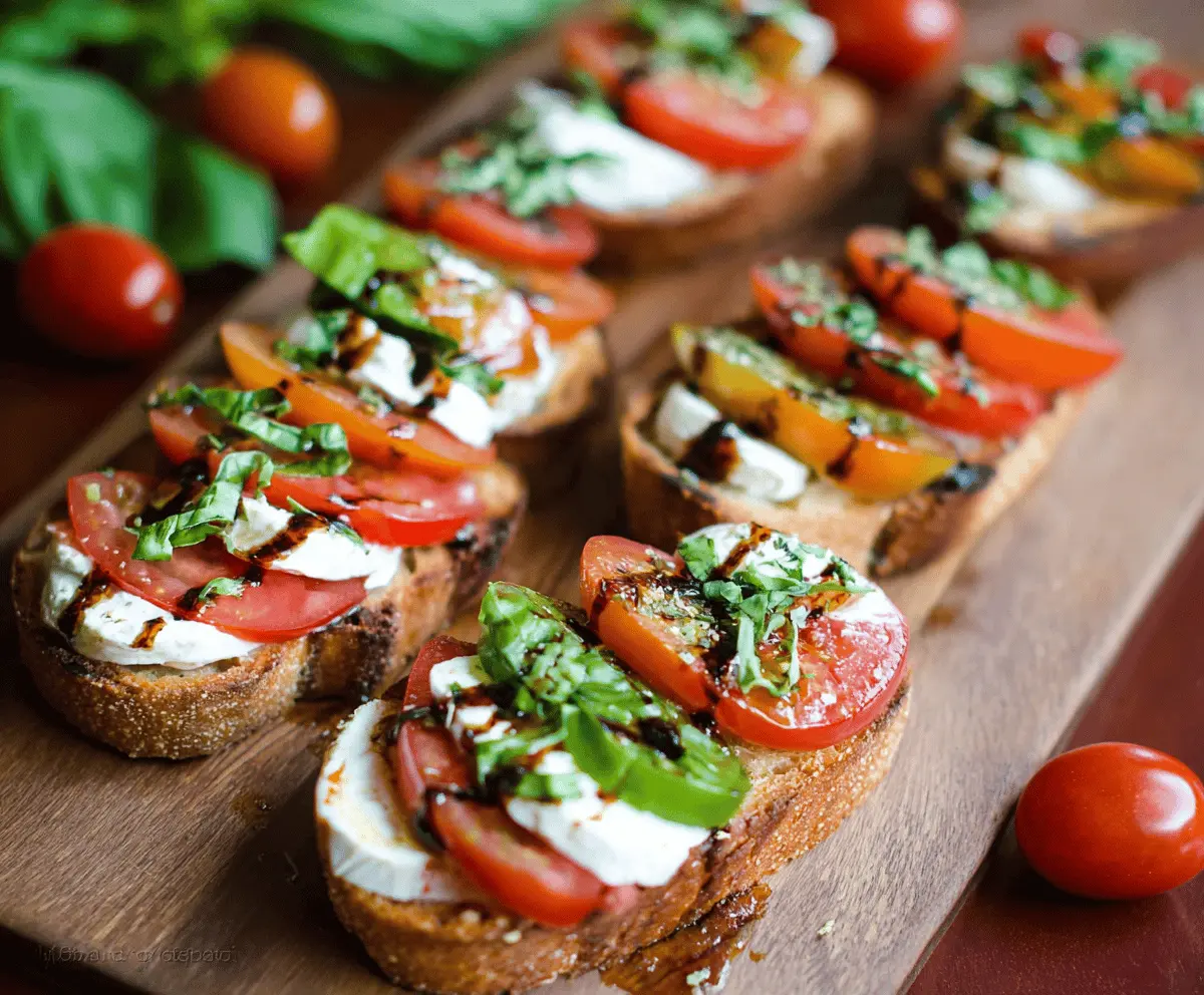 Delicious Caprese Bruschetta topped with fresh tomatoes, basil, and mozzarella on toasted bread.