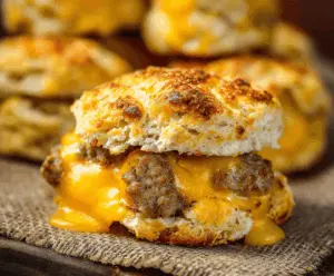 Delicious cheese and sausage biscuit fresh out of the oven, perfect for breakfast or brunch.