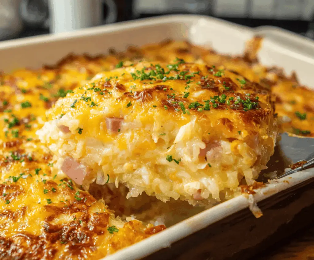 Delicious cheesy ham hashbrown casserole in a baking dish, perfect for brunch or family dinner.